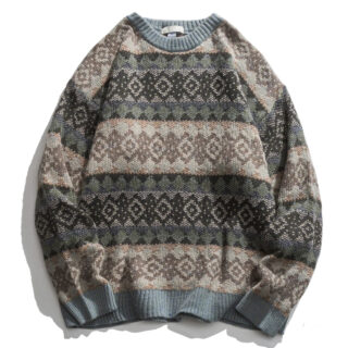 Pull jacquard gris, marron et beige