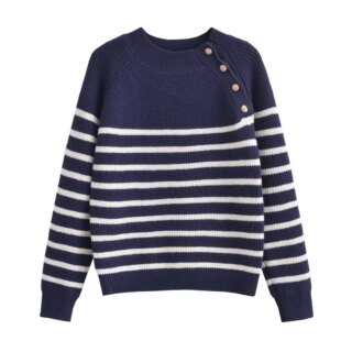 Pull marinière bleu marine boutons dorés pour femme