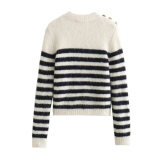 Pull marinière en tricot blanc boutons dorés pour femme