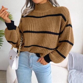 Pull rayé court à col roulé pour femme