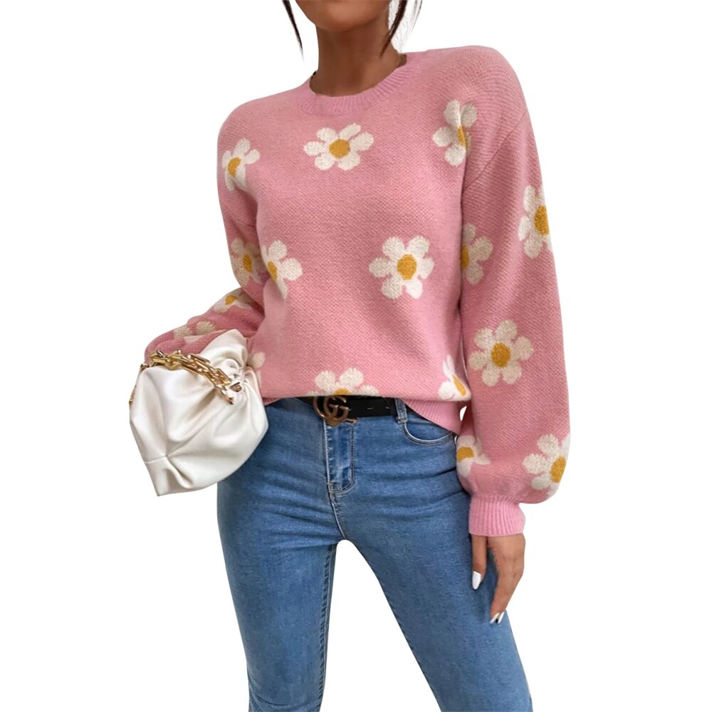 Pull rose fleuri motifs pâquerettes blanches pour femme