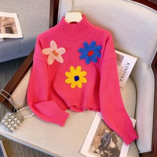 Pull col roulé fleurs colorées brodées pour femme