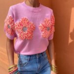 Pull tendance grosses fleurs brodées pour femme