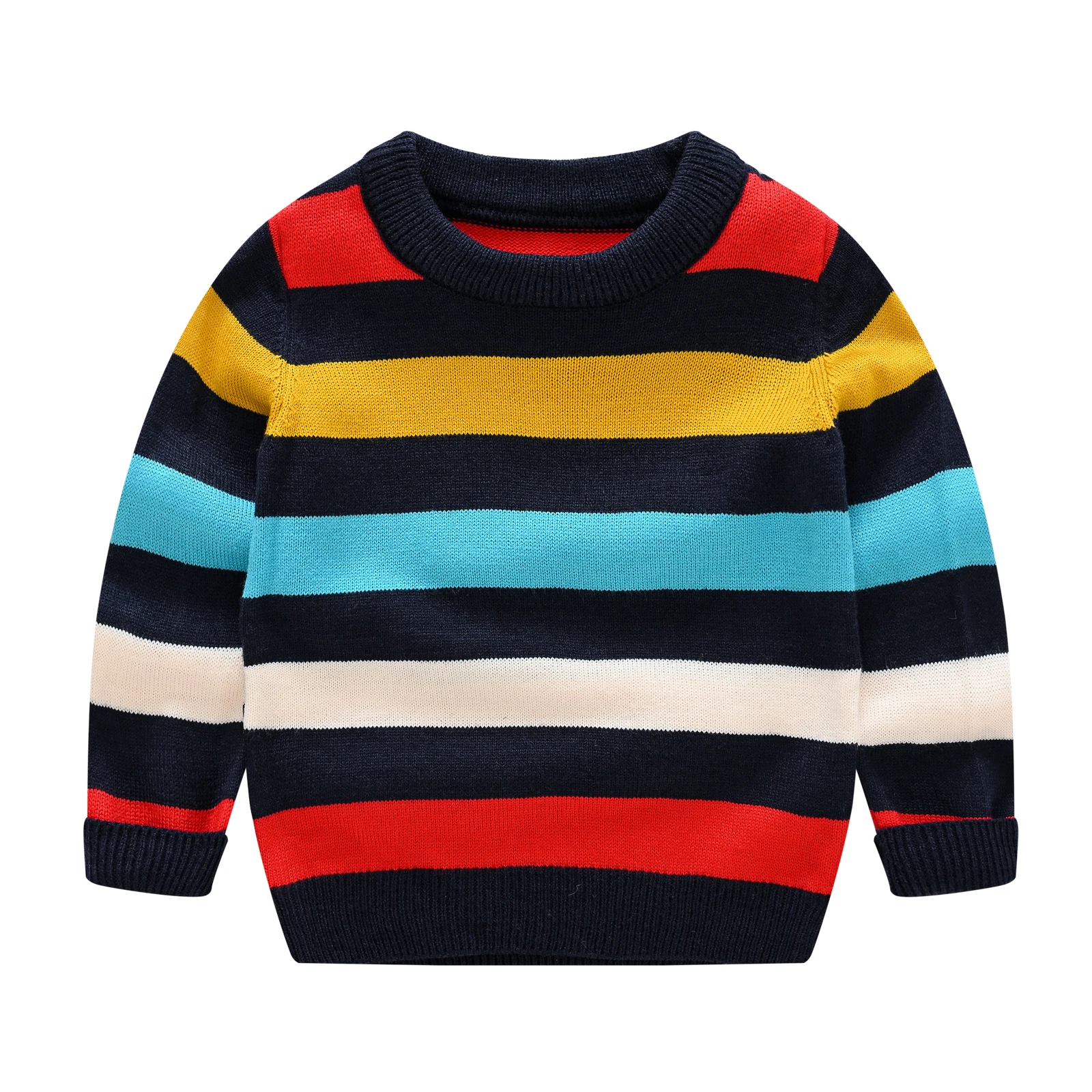 On voit un pull en maille fine, rayé et coloré pour enfant.