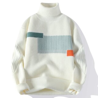 Pull à col roulé blanc avec des motifs bleus et orange