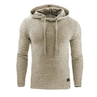 Pull beige à capuche sur fond blanc.