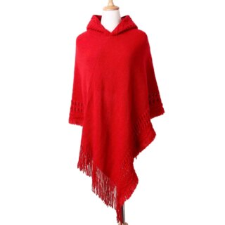 Pull poncho à franges à capuche pour femme