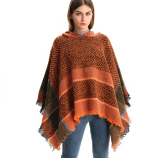 Poncho à capuche orange rayé à franges pour femme