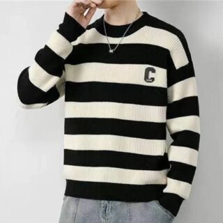 Pull rayé col rond lettre C brodé pour homme