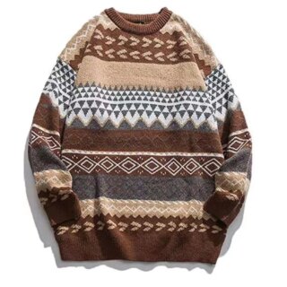 Pull jaquard marron, beige, blanc et bleu