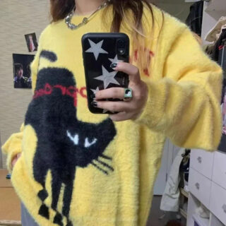 Pull moche jaune en jacquard chat noir pour femme