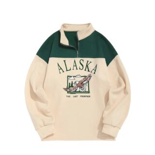 Sur fond blanc, on voit un pull type sweat, beige et vert, avec un col montant zippé. C'est un pull vintage avec la mention ALASKA dessus.