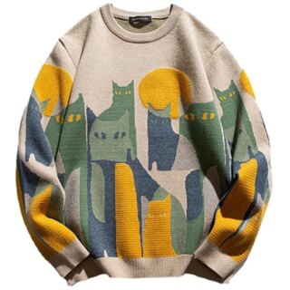 Pull beige motifs chats colorés