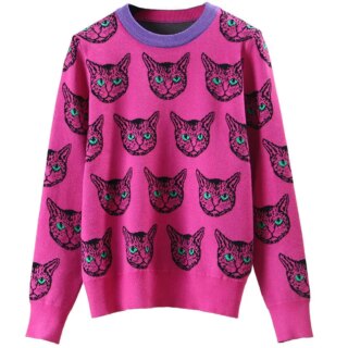 Pull moche rose tête de chat pour femme
