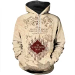 Photo d'un pull Harry Potter sweat à capuche beige imprimé en bordeaux et représentant la carte du maraudeur sur un fond blanc